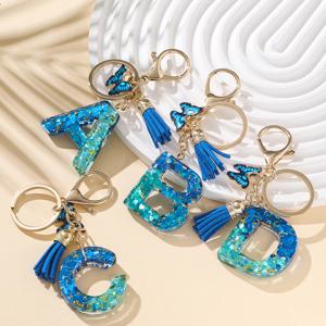 1pc 합금 알파벳 초기 키 체인 로얄 블루 나비 & 태슬 편지 키 체인 배낭 참 액세서리 열쇠 고리 결과