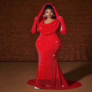 플러스 사이즈 모자 섹시한 허리띠 핫 골드 피쉬테일 스윙 롱 솔리드 컬러 피쉬테일 슬림 패키지 힙 드레스 후드