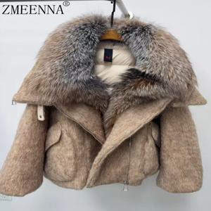ZMEENNA 여성 패션 다운 봄버 재킷 리얼 퍼 칼라 울 블렌드 짧은 겨울 코트 지퍼 클로저 따뜻한 겉옷 ZM4322