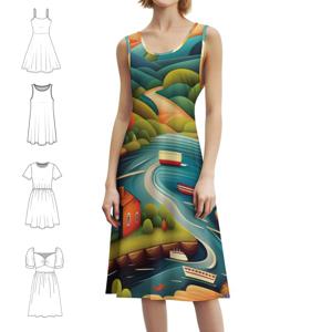 민속 예술 스타일 강과 언덕 프레피 스타일 미니 드레스 여성용 A라인 루즈핏 캐주얼 데이 드레스 민속 예술 강나무