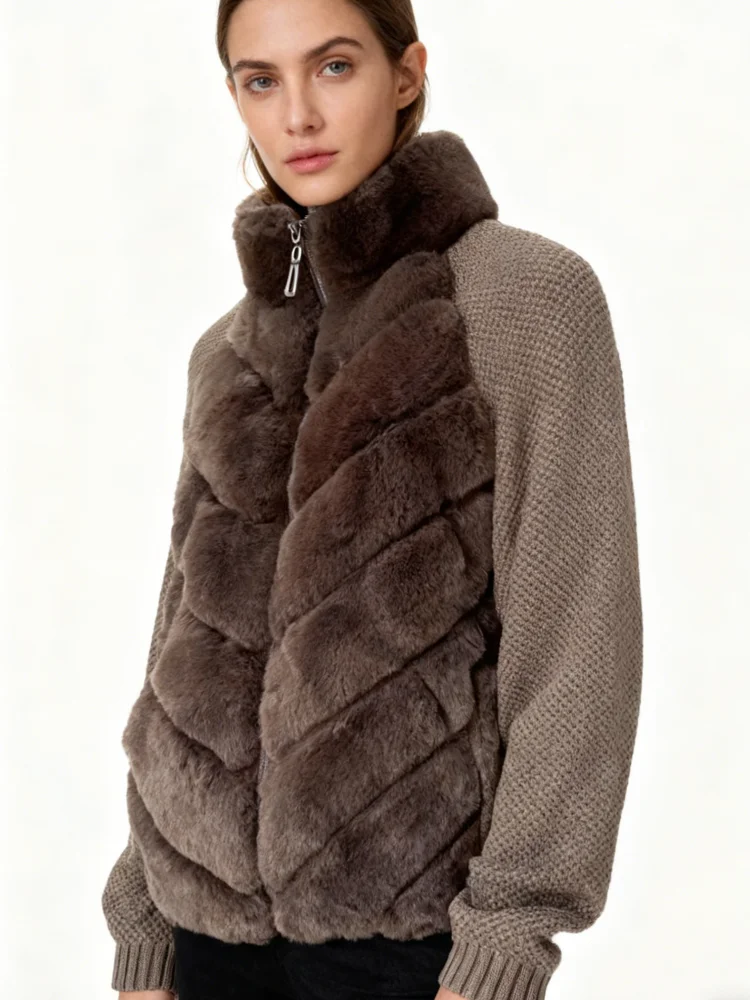 여성용 시크한 인조 퍼 패치워크 숏 재킷 긴 소매 루즈핏 지퍼 퀼팅 코트 2025 따뜻한 여성 겨울 스트리트웨어