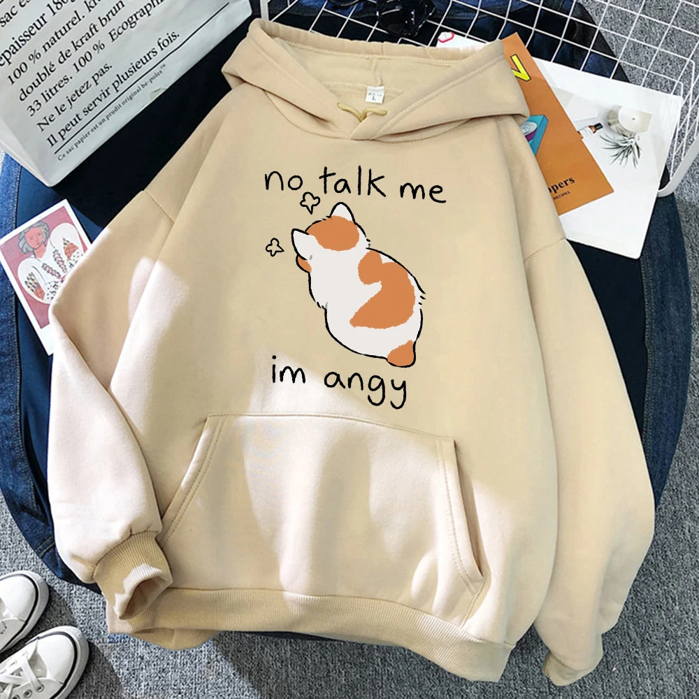 No Talk Me 귀여운 화난 고양이 프린트 여성 Hoody 힙합 소프트 후드 캐주얼 플리스 풀오버 Oversize Fleece Woman streetwear