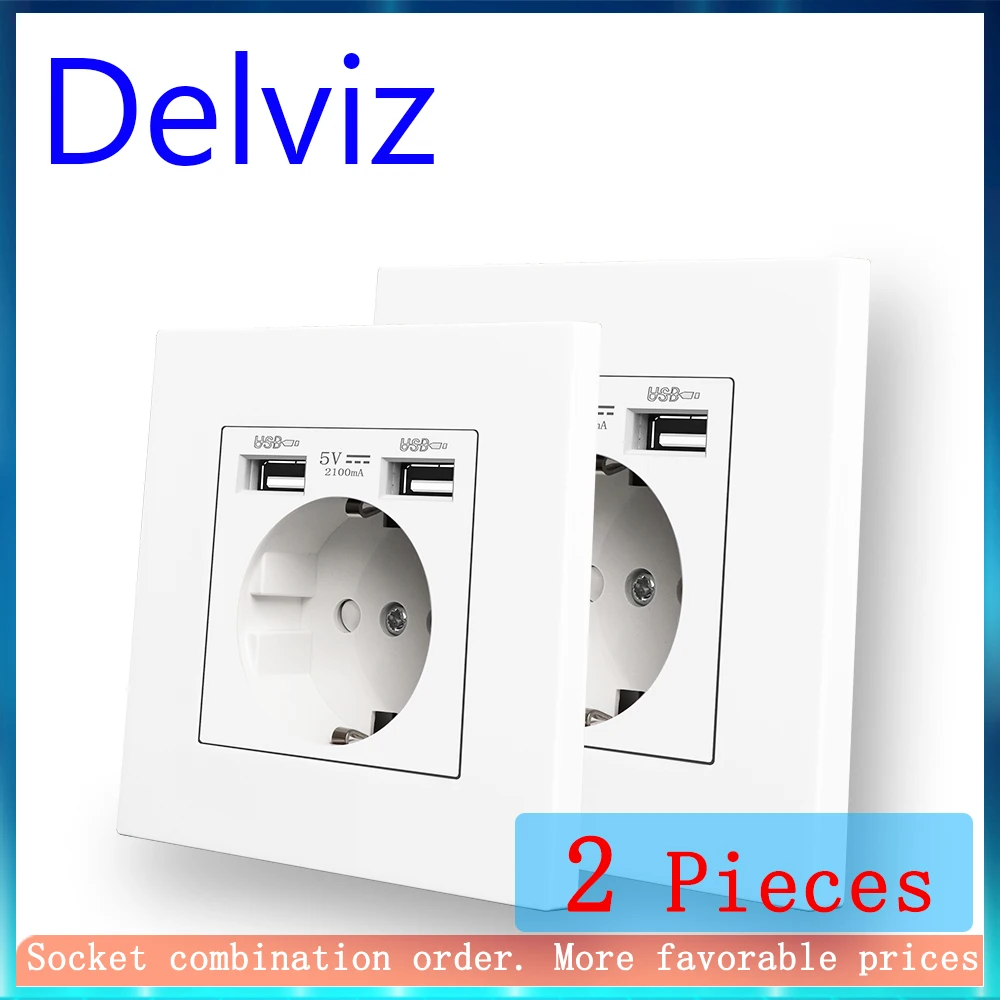 Delviz 듀얼 USB 충전 콘센트, AC 110~250V 전원 잭, 흰색 PC 재질 패널, 2A USB 인터페이스, 16A EU 표준 벽면 소켓