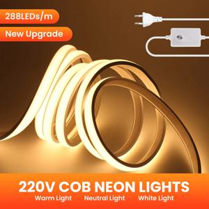디밍이 가능한 COB LED 네온 스트립 조명 220V 조광기 스위치 전원 키트 고밀도 288 LED 선형 조명 IP68 방수 플렉스 리본