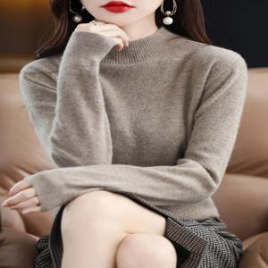 100% 메리노 울 스웨터 여성 모의 목 스웨터 가을 겨울 기본 부드러운 따뜻한 풀오버 긴 소매 니트 양모 탑 여성 의류