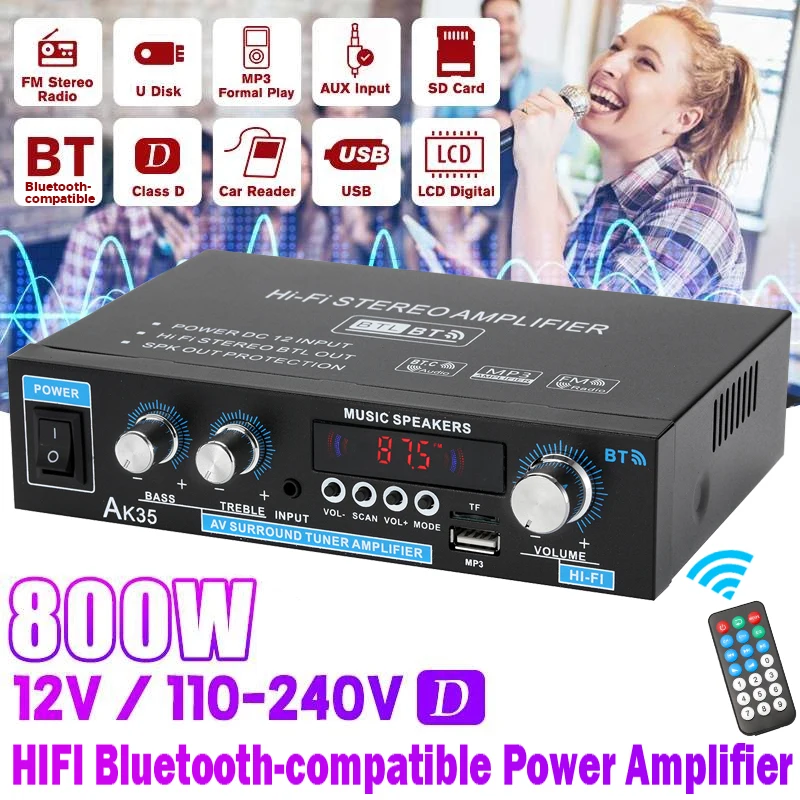 AK45/AK35 800W 가정용 전력 증폭기 2 채널 Bluetooth 5.0 미니 Hifi 디지털 스테레오 사운드 증폭기 지원 FM USB SD 마이크 입력
