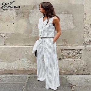 Oymimi 우아한 흰색 인쇄 여성을위한 두 조각 세트 패션 v 넥 민소매 버튼 탱크 탑 + 하이 웨이스트 스트레이트 바지 세트