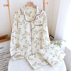 100% 면 크레페 긴팔 바지 가디건, 귀여운 플러스 사이즈 홈 퓨리 파자마 세트, 일본 용수철 가을 신상, 2025