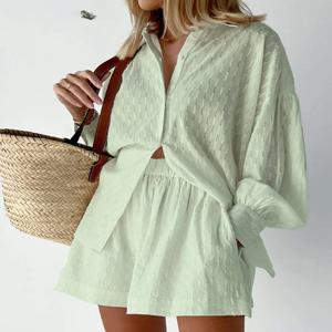 여성 자카드 퍼프 슬리브 여름 패션 느슨한 반바지와 긴 소매 셔츠 의상을위한 두 조각 세트