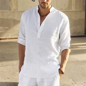 캐주얼 루즈 블라우스 남성용 셔츠, 코튼 리넨 패션 스탠드 칼라, 퓨어 긴팔 티셔츠, 멋진 피팅 탑, 남성복