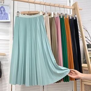 2024 여성 우아한 Pleated 치마 높은 허리 여성 중반 롱 스커트 여성 숙녀 고품질 여성 미디 스커트 블랙 Saia
