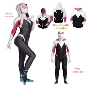 어린이와 성인을위한 Gwen Spid 의상 흰색 거미 소녀 마스크 3D 스타일 할로윈 의상 Cosplay Suiter Body Jumpsuit