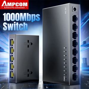 AMPCOM 1000Mbps 기가비트 네트워크 스위치 5 8 포트 이더넷 스마트 스위처 고성능 RJ45 허브 인터넷 분배기