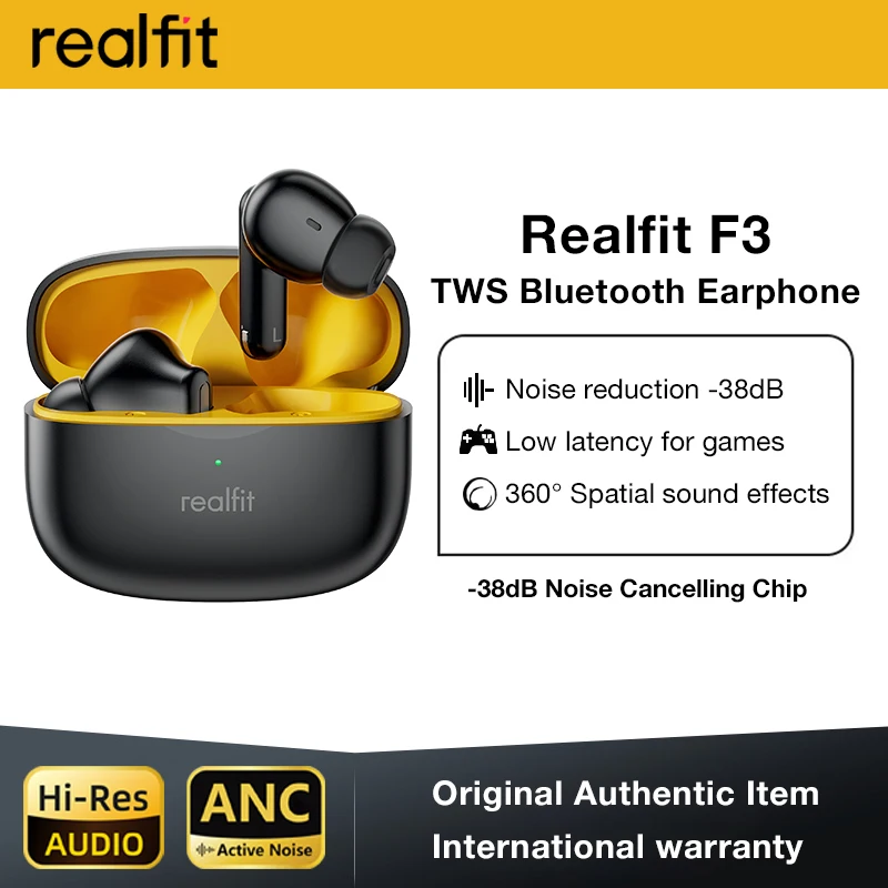 Realfit F3 ANC 활성 소음 제거 Bluetooth 이어폰 ENC 통화 HIFI 스테레오 뛰어난 저음 무선 이어 버드 스포츠 게임