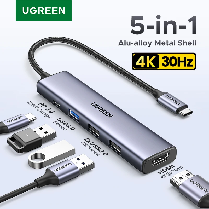 UGREEN USB 허브 5-in-1 타입-C to 4K HDMI PD100W USB3.0 허브 멀티포트 어댑터 노트북 맥북 아이패드 프로 삼성 델 HP 레노버용