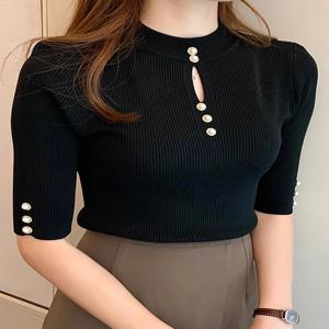 2025 봄 가을 한국 패션 솔리드 스웨터 여성 반팔 탑 당겨 Femme 캐주얼 슬림 여성 풀오버 니트 의류