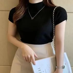 여성용 하프 하이 넥 티셔츠 패션 점퍼 캐주얼 탑 한국 스타일 우아한 솔리드 컬러 의류 봄 여름 시즌