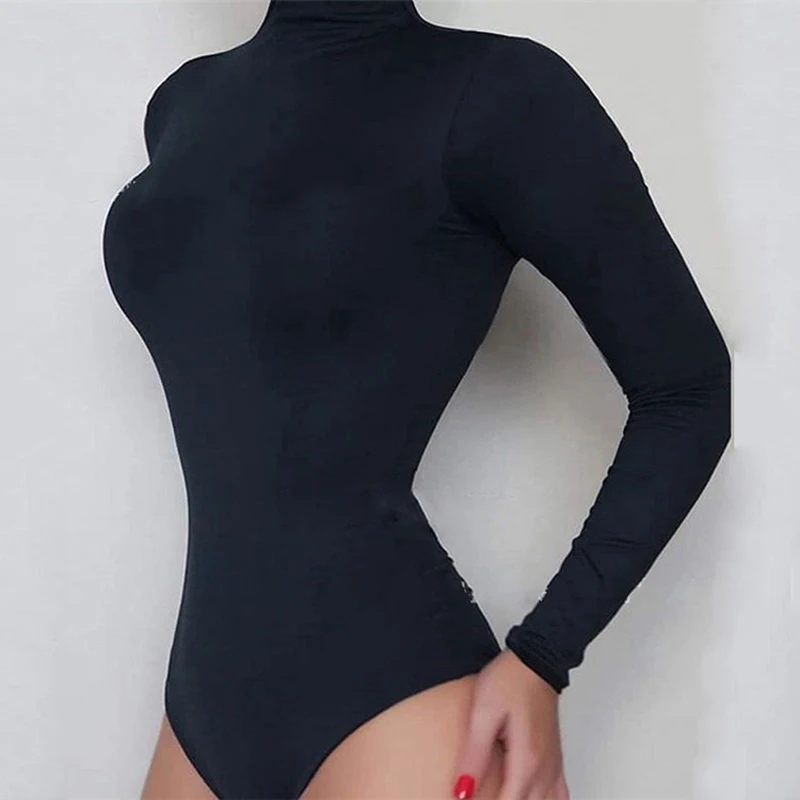 여성 블랙 긴 소매 바디 슈트 가을 겨울 터틀넥 바디 슈트 여성 섹시한 Bodycon 하이 웨이스트 Romper Body