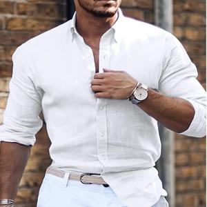 남성 봄, 여름 새 코튼 대마 새로운 남성의 멋진 긴 소매 셔츠 솔리드 컬러 느슨한 옷깃 캐주얼 비치 스타일 셔츠