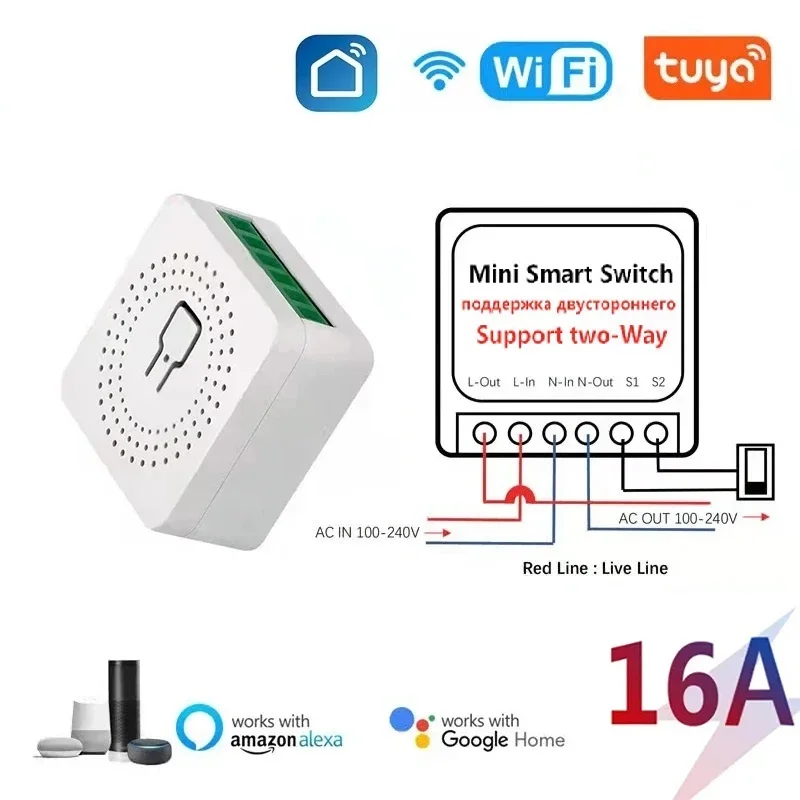Tuya 16A WiFi 스마트 스위치 모듈 양방향 제어 미니 스위치 차단기 스마트 라이프 Alexa Google Alice와 함께 작동