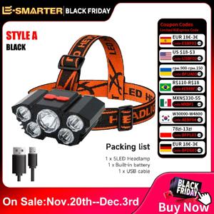 리튬 배터리가 내장된 충전식 5개 LED 손전등 강력한 헤드 라이트 캠핑 모험 낚시 사이클링 헤드램프