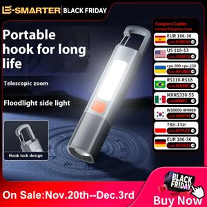 강력한 조명 ABS 손전등 USB 충전 휴대용 야외 EDC 토치 캠핑 교수형 손전등 텔레스코픽 초점 COB 사이드 램프