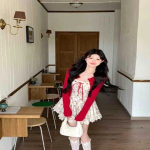 달콤한 플로럴 프린트 홀터 드레스 여성 여름 스몰 사이즈 섹시 허리 조임 슬림 페어리 퍼프 숏 스커트 패션 세트