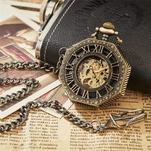 라마단 클래식 육각 기계식 주머니 시계 FOB 체인 Steampunk 로마 다이얼 해골 골드 중공 강철 남성용 주머니 시계