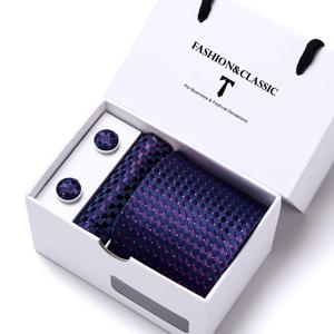 고품질 7.5 cm 스트라이프 블루 타이 포켓 스퀘어 커프스 단추 남성용 선물 상자 웨딩 Gravatas Fit Workplace 세트