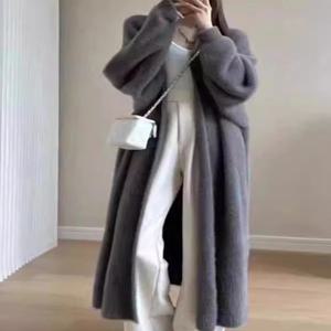 가을/겨울 게으른 스타일 따뜻한 무릎 길이 두꺼운 여성 카디건 순수 모조 밍크 양털 니트 스웨터 여성 따뜻한 코트