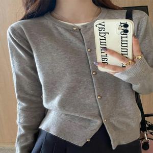 여성용 솔리드 컬러 니트 카디건 한국 싱글 브레스트 긴 소매 점퍼 여성 라운드 넥 모든 경기 가디건 아웃웨어