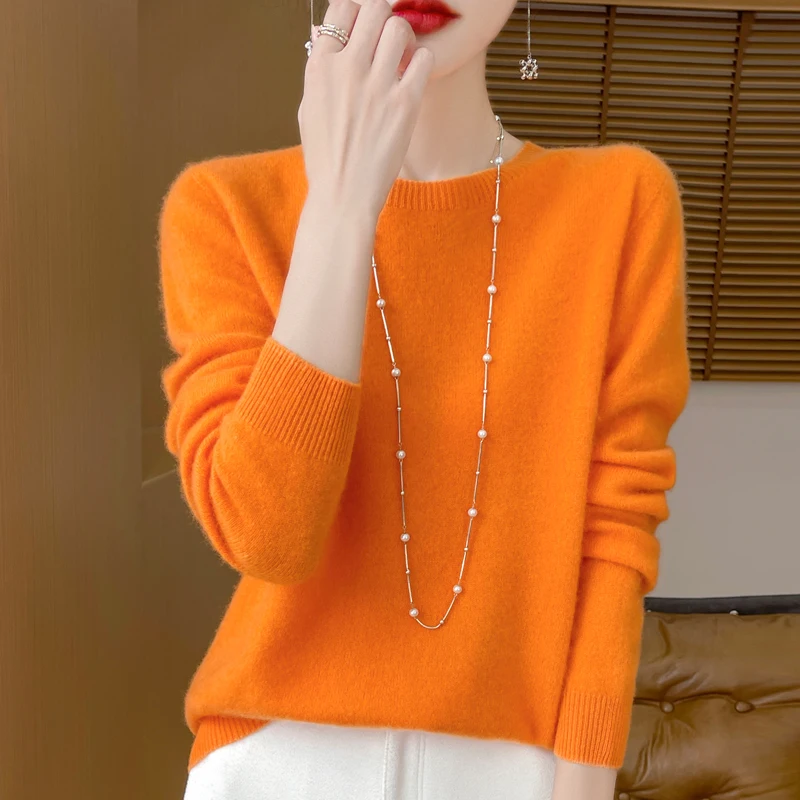 2024 패션 100% 메리노 울 스웨터 캐시미어 풀오버 오목 긴 소매 여성 니트 가을 겨울 의류 Y2K 탑 O Ling