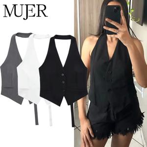 MUJER 블랙 화이트 민소매 조끼 여성 오프숄더 크롭 베스트 여성용 웨이스트코트 홀터 베스트 탑 여성 패션 베스트 여성