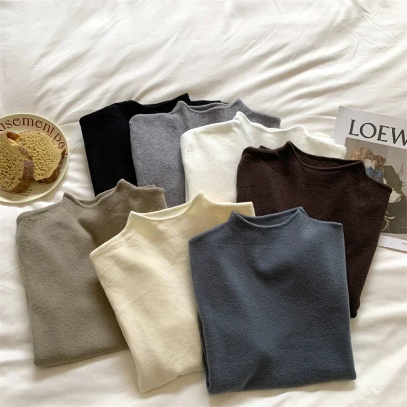 2025 솔리드 스웨터 여성 하프 터틀넥 니트 풀오버 하라주쿠 한국 소프트 웜 니트 가을 겨울 패션 슬림 점퍼