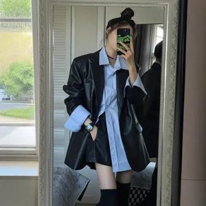 여성용 천연 가죽 재킷, 루즈핏 캐주얼, 우아한 고급 느낌 상의, 한국 빈티지 블랙 재킷, 2024 뉴 스타일