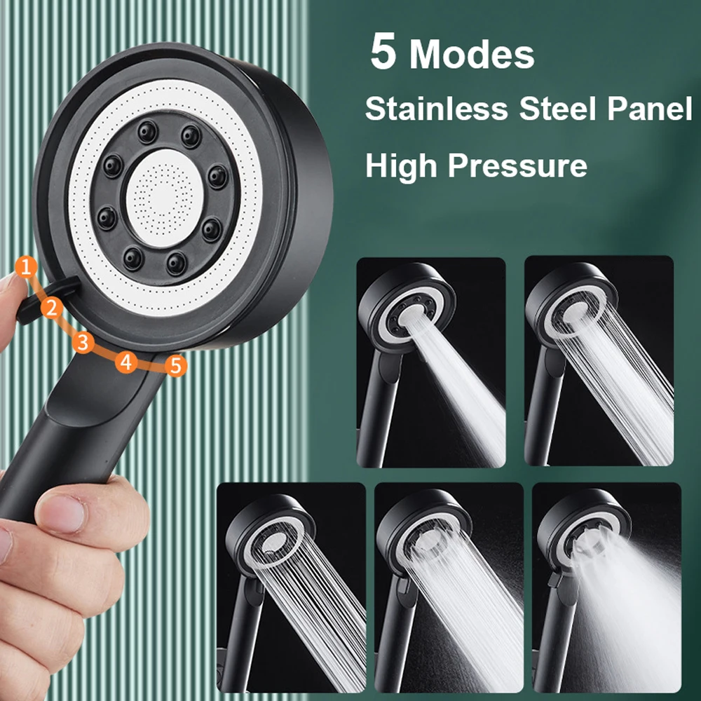 조절 가능한 5가지 모드 샤워 헤드 고압 휴대용 절수 샤워 헤드 호스 포함 가정용 욕실 액세서리
