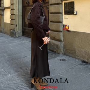 콘달라 빈티지 캐주얼 브라운 새틴 롱 스커트 여성용 하이웨이스트 엘라스틱 스트레이트 모카 무스 스커트 패션 2025 우아한 스커트