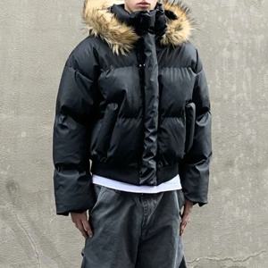 남성용 후드 모피 칼라 코튼 코트, 고급 미국 스트리트 두꺼운 코트, 짧은 Y2k 재킷, 패션 트렌드, 가을 및 겨울