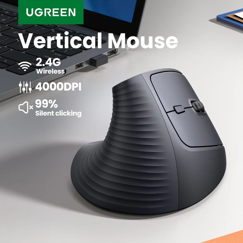 UGREEN 무선 마우스 수직 2.4G 인체 공학적 4000 인치 당 점 MacBook 태블릿 노트북 컴퓨터 PC 마우스 용 음소거 버튼 6 개 블랙 핑크