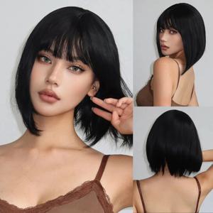 짧은 스트레이트 밥 블랙 합성 가발 프린지 숙녀 고온 실크 가발 크리스마스 파티 코스프레 데일리웨어 가발