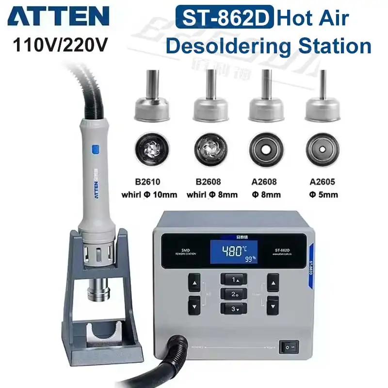 ATTEN ST-862D 핫 에어 건 납땜 스테이션, 무연 110V, 220V, 1000W, BGA 재작업 스테이션, 자동 슬립 납땜 제거 스테이션