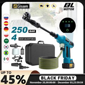 Gisam 250Bar 브러시리스 전기 고압 세척기 총 4 기어 전원 홈 자동차 세척 물 스프레이 건 Makita 18V 배터리 핀