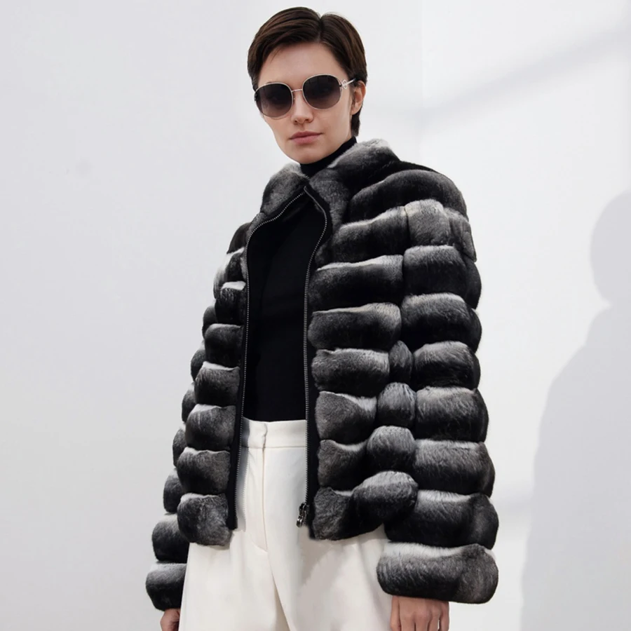 친칠라 렉스 토끼털 코트 여성용 리얼 렉스 토끼털 재킷 스탠드 칼라 신상 여성 의류