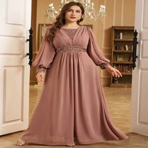 UNITHORSE 플러스 사이즈 V 넥 랜턴 슬리브 스팽글 패치 워크 쉬폰 정장 이브닝 드레스