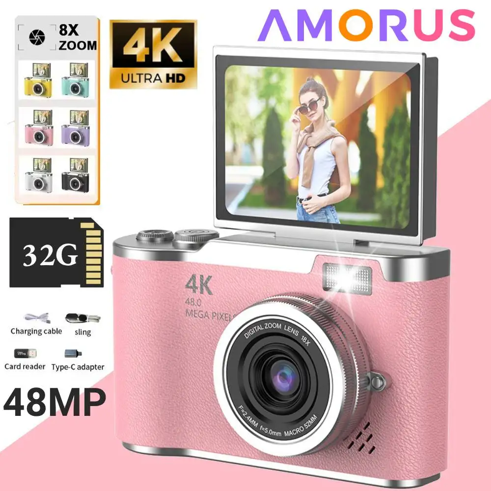 4K 디지털 카메라 CCD 180 °   플립 스크린 셀카 카메라 8X 디지털 줌 48MP 휴대용 디지털 사진 카메라(32G 카드 포함)