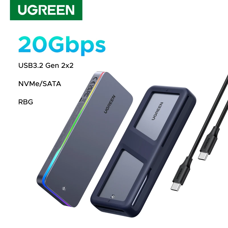 UGREEN 20Gbps M.2 SSD 케이스 NVMe SATA SSD 인클로저 어댑터 USB 3.2 Gen2 외부 인클로저는 RGB 조명 효과를 지원합니다.