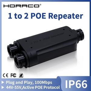 HORACO 2포트 방수 POE 리피터 IP66 10/100Mbps 1-2 PoE 확장기 (IEEE802.3af/at 48V 지원) POE 스위치 카메라용 실외형