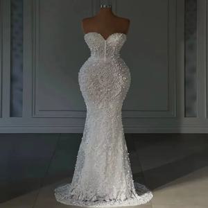 럭셔리 연인 인어 웨딩 드레스 민소매 레이스 슬리밍 신부 드레스 진주 스파클 오프 어깨 가운 사용자 정의