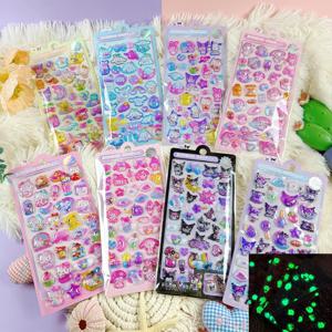 8 Pcs KT Kuromi 멜로디 독창성 빛나는 3D 릴리프 스티커 방수 사랑스러운 장식 스티커 만화 크리스탈 스티커