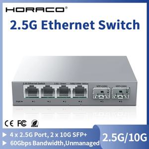 HORACO 2.5Gb 스위치 2.5GBASE-T 4포트 2.5G RJ45 및 2포트 10G SFP+ 팬리스 비관리형 플러그 앤 플레이 네트워크 스위치
